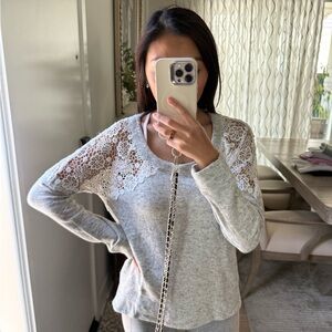 Pam & Gela Gray Top with White Lace Detail